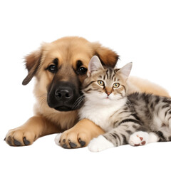 the dog and cat lie together isolated on white background