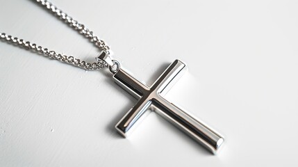 top view of silver christian cross necklace in white