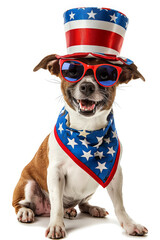 A Russell dog wearing a USA top hat and sunglasses. independence day concept - obrazy, fototapety, plakaty