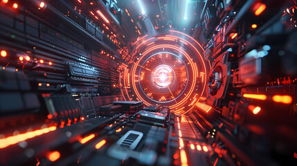 futuristic design of a spaceship interior featuring a large clock and a red light