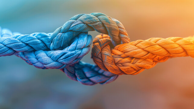 Connected and Tied Blue and Orange Ropes Representing Teamwork