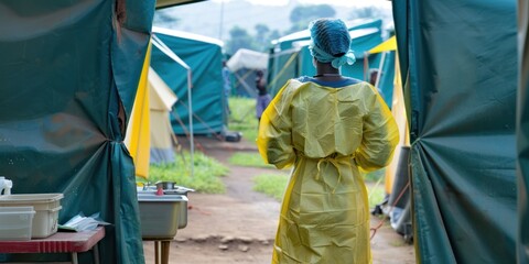 A nurse working in an infectious disease outbreak zone, wearing protective gear and providing care to patients in isolation tents.
