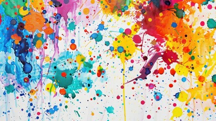 Lively painting of paint splatters scattered across a canvas, creating a playful and colorful background.
