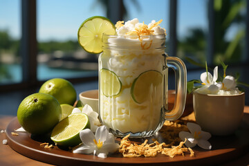 Summer lemon coconut smoothie in a mason jar glass - obrazy, fototapety, plakaty