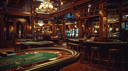 Fototapeta na wymiar Luxurious and classy casino lobby interior with luxurious chandeliers with a glamorous atmosphere