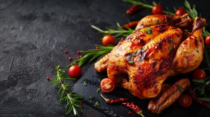 Close-up of chicken, tomatoes, herbs on black surface