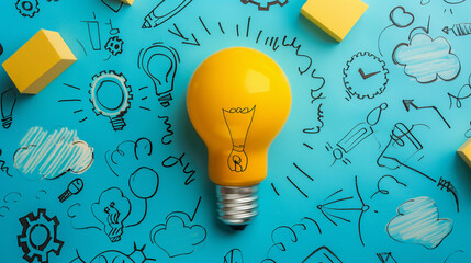 Illuminated Light Bulb Among Sketches Symbolizing Ideas and Creativity