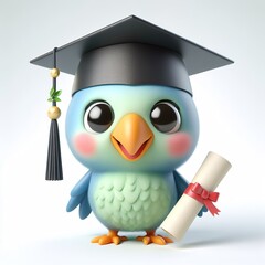 Cute character 3D image of A Parrot  is wearing a hat in a graduation ceremony - obrazy, fototapety, plakaty