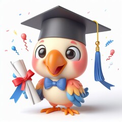 Cute character 3D image of A Parrot  is wearing a hat in a graduation ceremony - obrazy, fototapety, plakaty