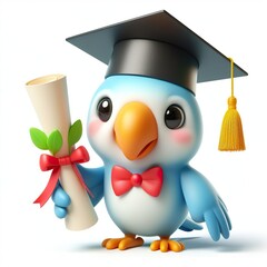 Cute character 3D image of A Parrot  is wearing a hat in a graduation ceremony - obrazy, fototapety, plakaty