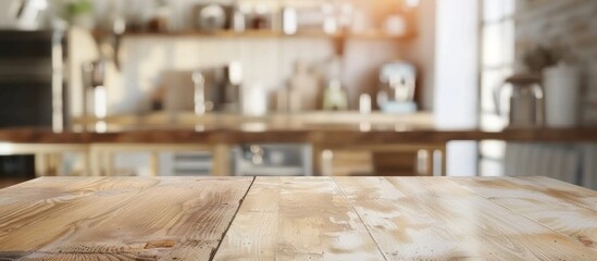 Close-up view of a wooden table in a kitchen setting, with a soft and blurred background creating a cozy atmosphere