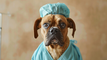 Dog Dressed in Surgeon Outfit in a Medical Setting