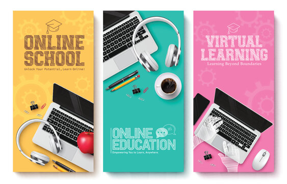 Online school education vector poster set design. Back to school online education and virtual learning text with laptop computer technology device for educational lay out collection. Vector 