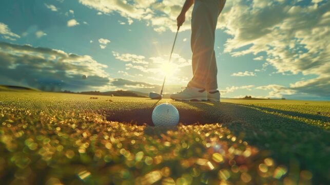 A golfer celebrating after successfully sinking a putt, with the ball disappearing into the hole and the putter raised in triumph - Powered by Adobe
