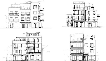 Modern urban building line drawing. Architecture building construction perspective design.
