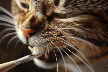 a cat brushes its teeth with a toothbrush - obrazy, fototapety, plakaty