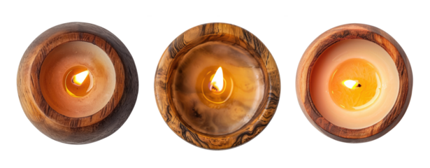 Three wooden candles isolated on transparent background, top view