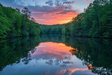 The lake reflects the colors of the sunset. - obrazy, fototapety, plakaty