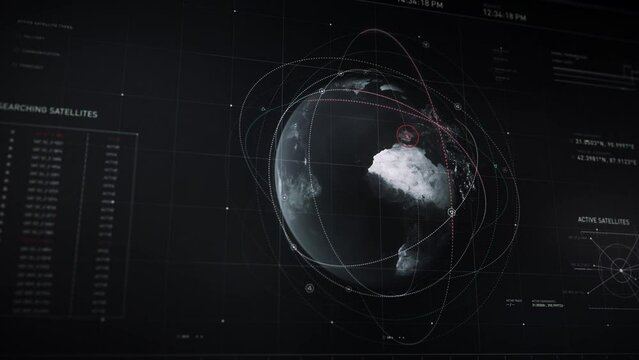 Military organization checking satellite footage. Searching for active live feed sources. Selecting three data points on Spain. Scanning the terrain. Computer screen close-up. User interface.