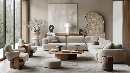 beige and gray colored furniture and wooden elements in a Living room interior