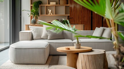 beige and gray colored furniture and wooden elements in a Living room interior