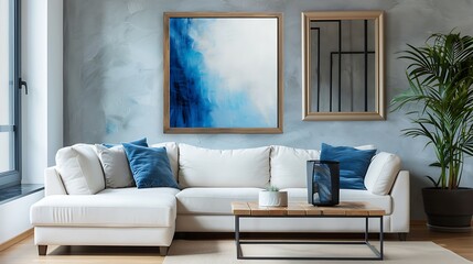 Blue and white abstract painting and mirror in wooden frame in elegant living room interior with corner sofa and coffee table