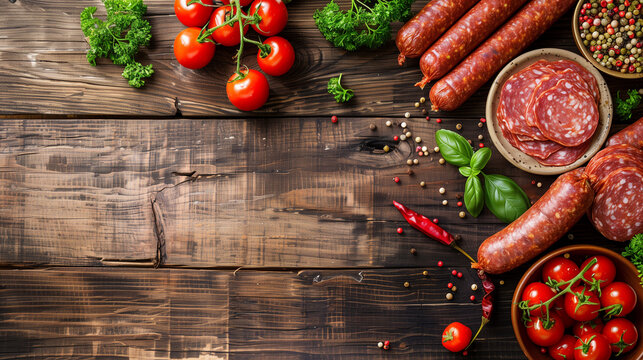 ソーセージなどの食材が置かれたウッドボード背景