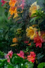 A tranquil garden captured through a rainy window