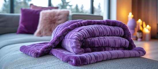 Naklejka premium A cozy purple blanket is draped over a couch, with flickering candles in the background adding a warm glow