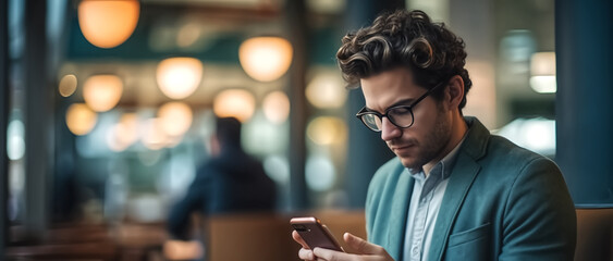 Fototapeta premium Focused businessman with curly hair checking his smartphone in the ambient light of a modern cafe. 