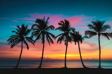 Row of Palm Trees Silhouetted Against The Colorful Sky During Golden Hour, With The Ocean Shimmering in The Background, Generative AI - Powered by Adobe