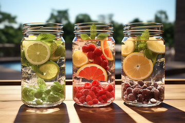 Three types of detox water with fruit in glass