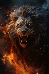 angry lion head attacking. Dark fantasy