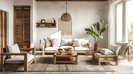 Farmhouse living room interior with wooden furniture wall mockup