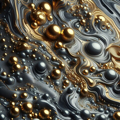 a metallic-shaded, abstract background of melting liquid with shades of grey and gold and reflecting studio light