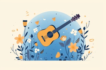 An illustration of an acoustic guitar laying on its back in a field of flowers with a blue background.