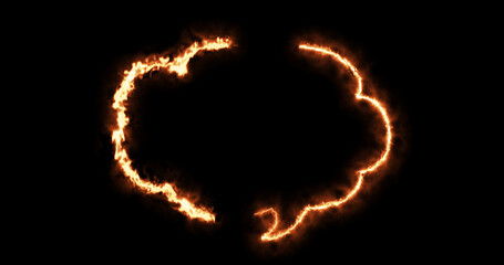 Fire burning love theme breakup sad messaging chat icon. Heartbreak depressed fight angry fire burning cloud shape balloon talking message box email symbol postcard sign background.