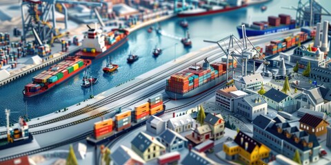 Perspective 3d render minimal style Big picture of the port scene: freighters, trains, various ships, sales stalls, porters, houses, goods, containers, workers 