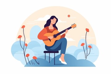 A cartoon image of a person with long dark hair sitting on a stool and playing an acoustic guitar. she wear A long sleeved orange shirt and blue jeans.