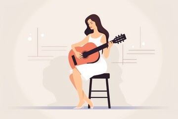 A woman is sitting on a stool playing an acoustic guitar.