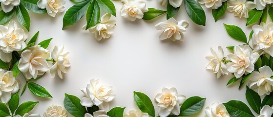 Top view of white gardenia on plain white backdrop decorated like a frame and a big space for text or product advertisement background, Generative AI. - obrazy, fototapety, plakaty
