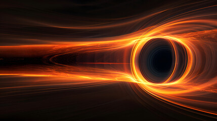 Abstract background of the black hole from plate type star, glowing orange and yellow light swirls on dark space.