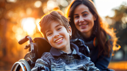 Joyful boy in a wheelchair enjoying a beautiful sunset outdoors with his mother
