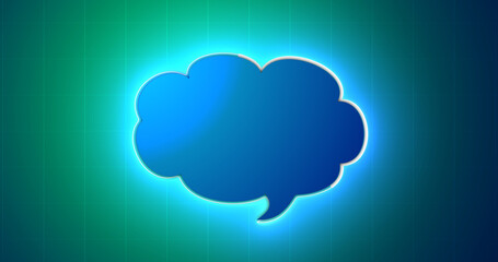 Fototapeta premium Futuristic retro-colored neon glowing cloud icon message box. Artificial intelligence big data concept of computer network connecting with world. Global innovation balloon internet mail.