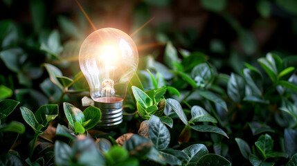 Glowing light bulb amidst green leaves symbolizing eco-friendly energy and innovative nature ideas