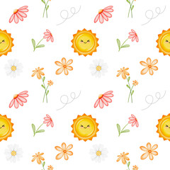 Watercolor seamless pattern cute sun and flowers.