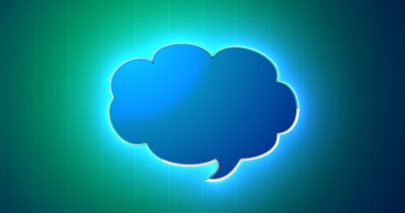 Futuristic retro-colored neon glowing cloud icon message box. Artificial intelligence big data concept of computer network connecting with world. Global innovation balloon internet mail.
