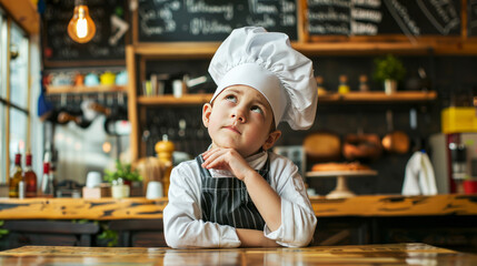 Young aspiring chef with a dreamy expression wearing a chef's hat in a kitchen setting