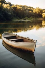Obraz premium Romantic Boat Ride on a Tranquil Lake at Golden Hour, With The Soft Glow of Sunset Reflecting Off The Water And Creating a Serene And Intimate Atmosphere, Generative AI