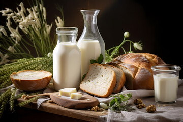 The healthy breakfast scene, including nutritious foods such as milk, bread, and vegetables, was shot in a bright environment using a medium-focus lens. It presents clear details and saturated colors 